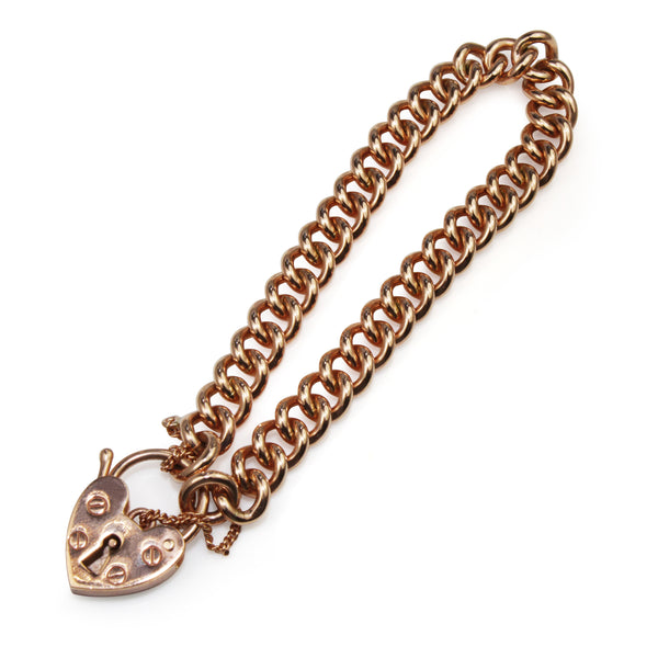 9ct Rose Gold Curb Link Bracelet with Heart Padlock