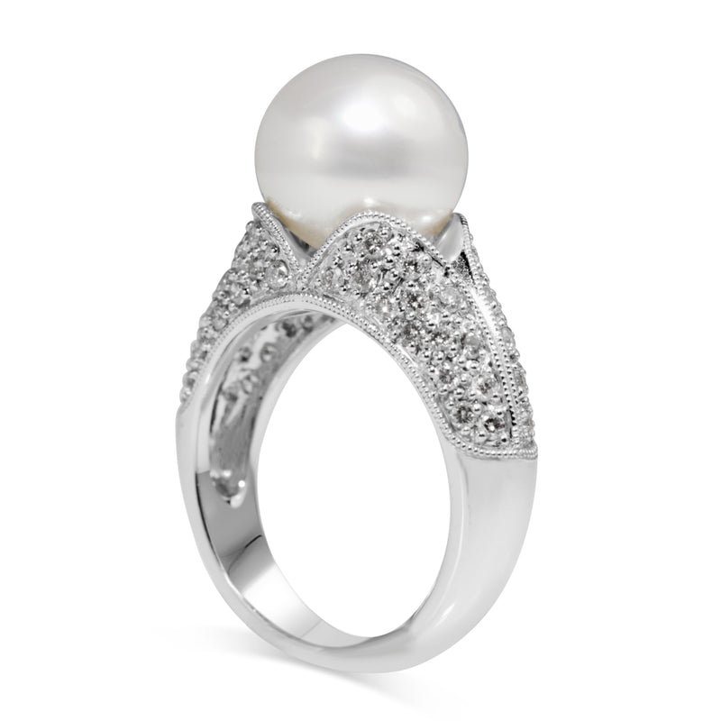 14ct White Gold 11mm South Sea Pearl and Diamond Ring