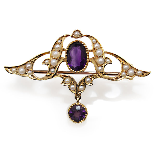 15ct Yellow Gold Antique Amethyst and Seed Pearl Brooch