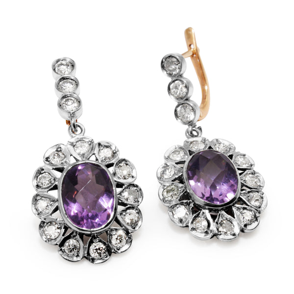 18ct White and Rose Gold Antique Amethyst and Diamond Earrings