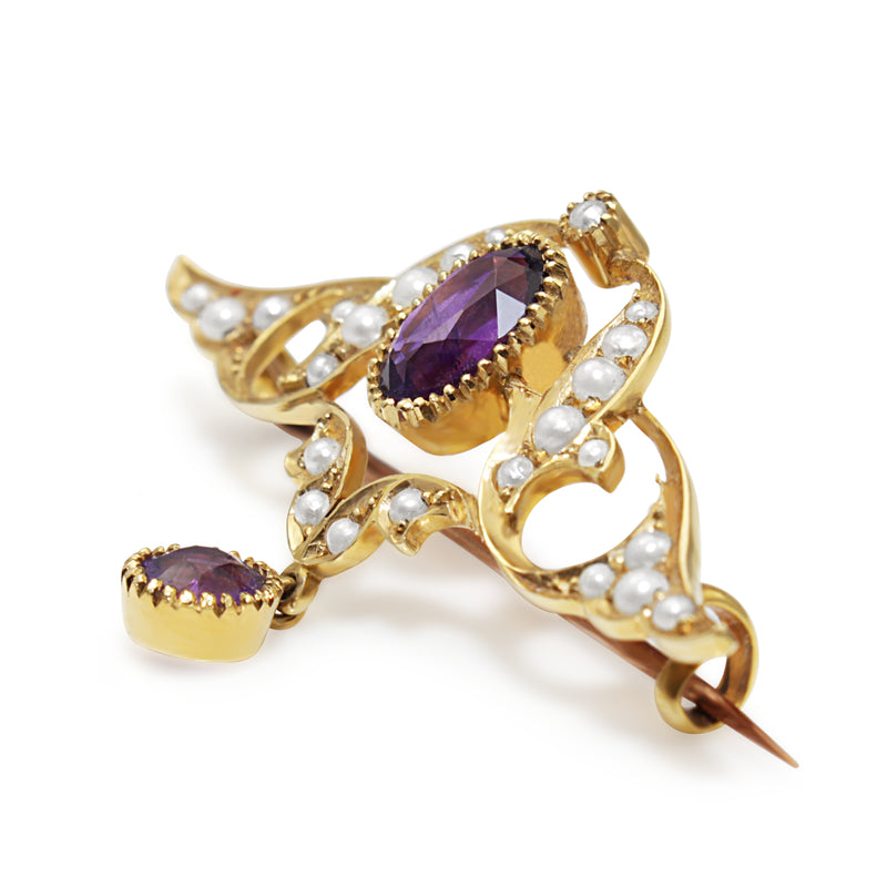 15ct Yellow Gold Antique Amethyst and Seed Pearl Brooch