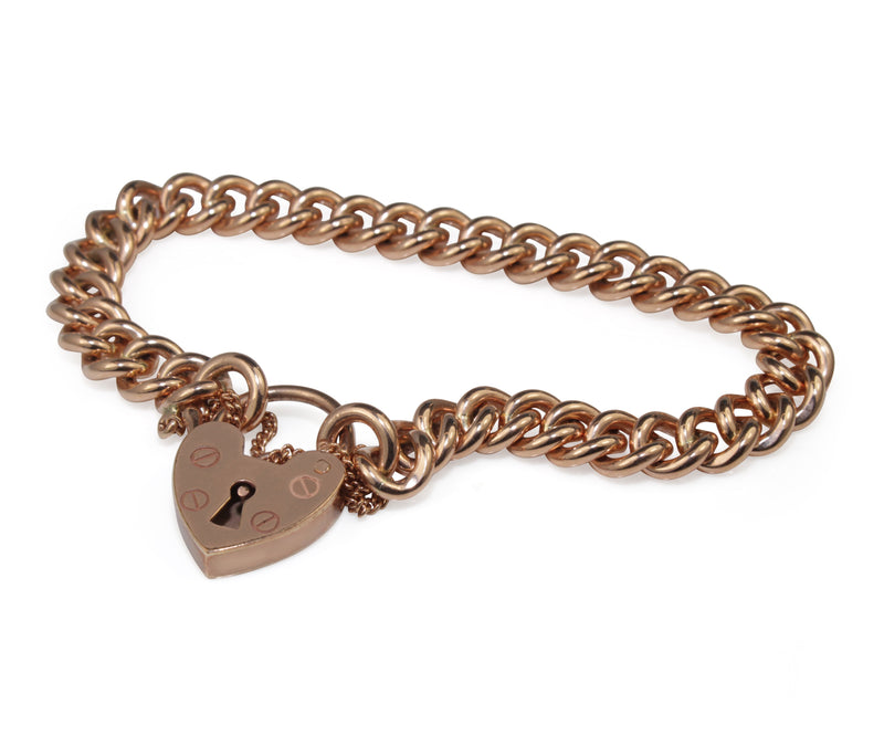 9ct Rose Gold Curb Link Bracelet with Heart Padlock