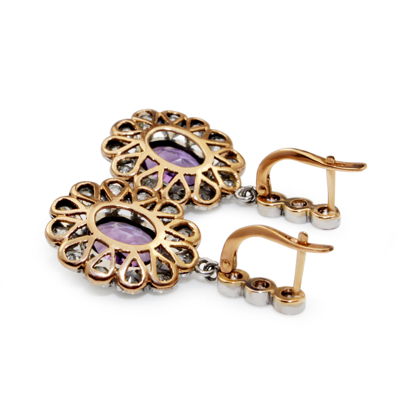 18ct White and Rose Gold Antique Amethyst and Diamond Earrings