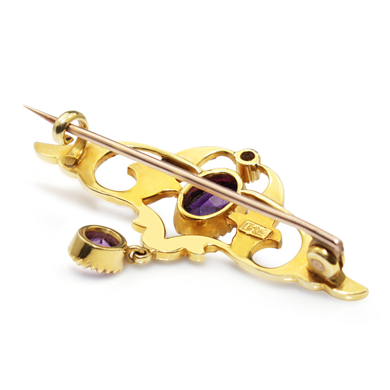 15ct Yellow Gold Antique Amethyst and Seed Pearl Brooch