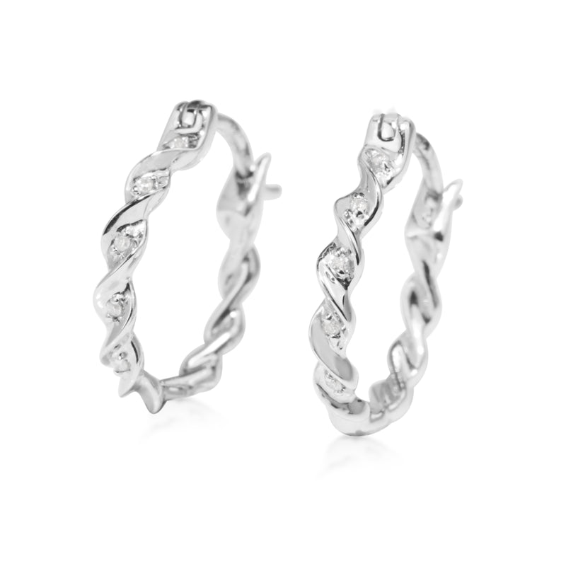 9ct White Gold Twist Diamond Hoop Earrings