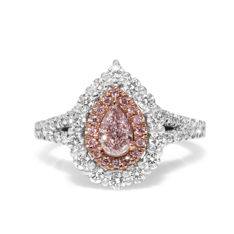 18ct White Gold Pink and White Pear Diamond Halo Ring
