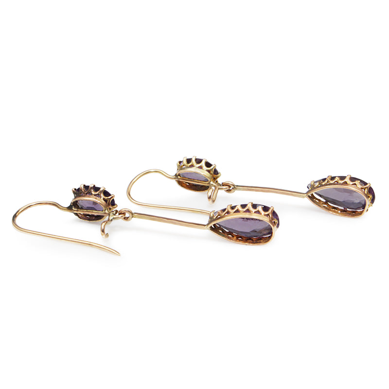 9ct Yellow Gold Antique Amethyst Drop Earrings