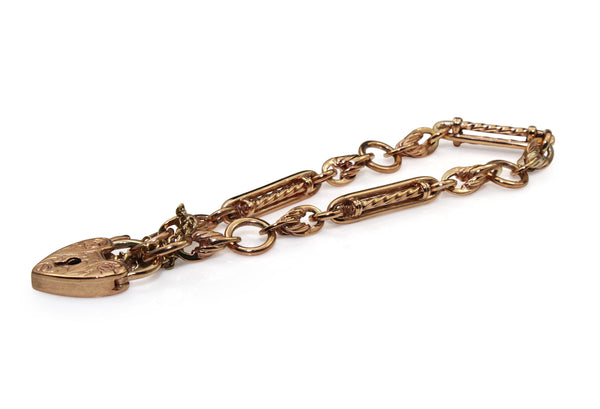 9ct Rose Gold Antique Style 'Prince of Wales' Bracelet with Heart Padlock