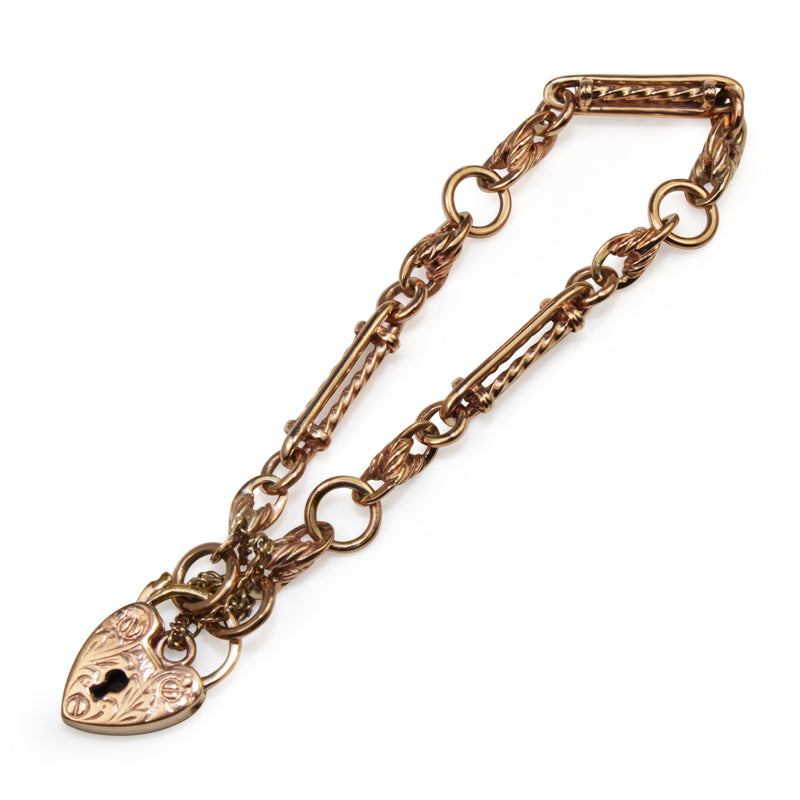 9ct Rose Gold Antique Style 'Prince of Wales' Bracelet with Heart Padlock