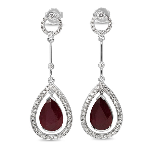 18ct White Gold Ruby and Diamond Deco Style Drop Earrings