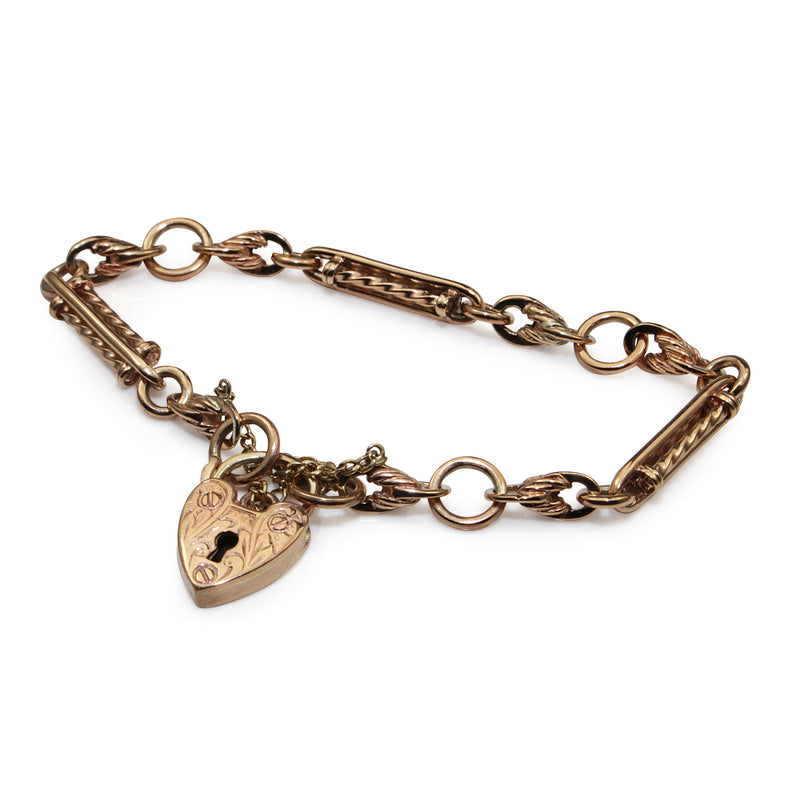 9ct Rose Gold Antique Style 'Prince of Wales' Bracelet with Heart Padlock