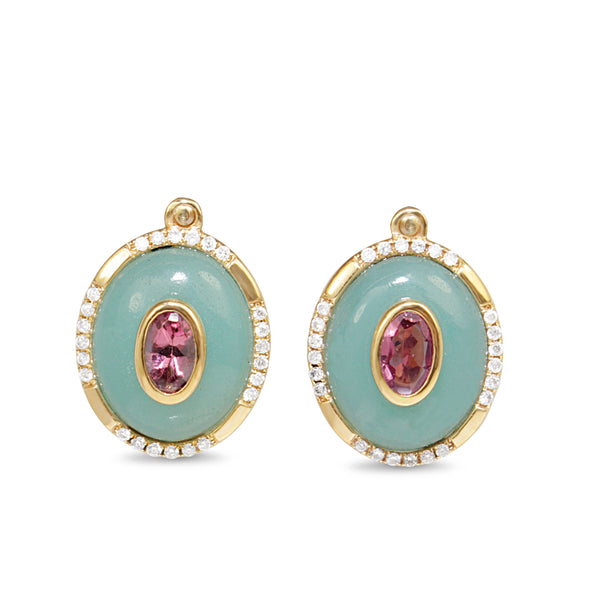 9ct Yellow Gold Amazonite, Tourmaline and Diamond Stud Earrings