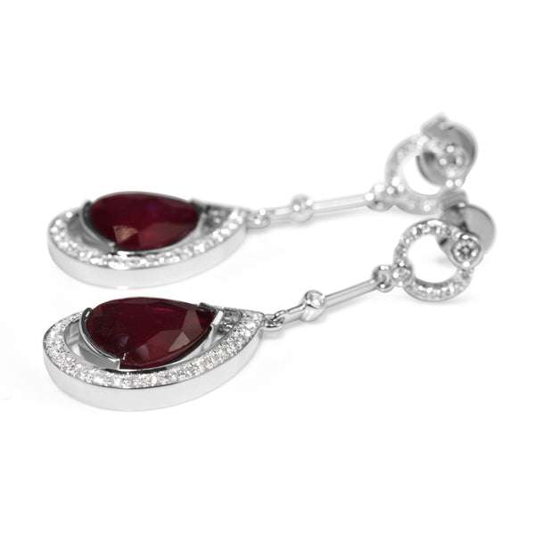 18ct White Gold Ruby and Diamond Deco Style Drop Earrings