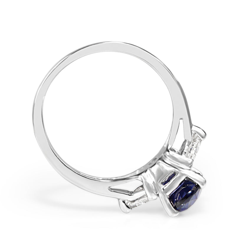 14ct White Gold Purple / Blue Sapphire and Diamond 3 Stone Ring