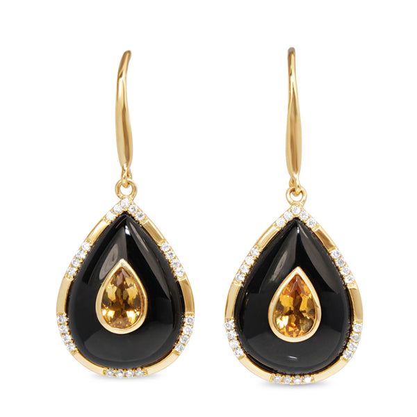 9ct Yellow Gold Onyx, Citrine and Diamond Earrings