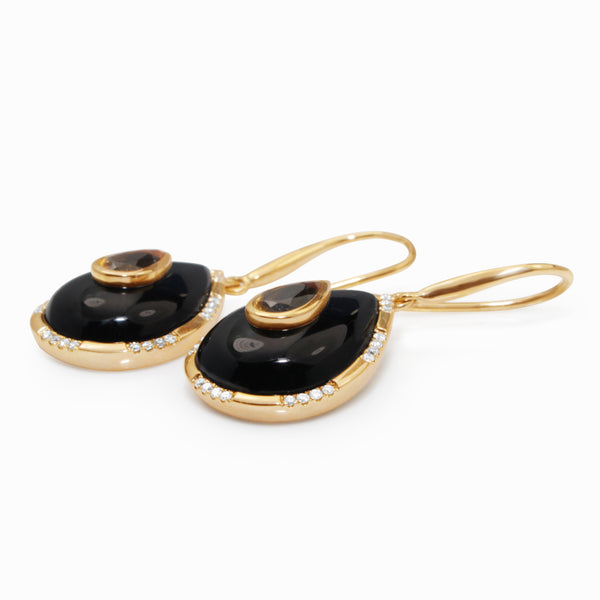 9ct Yellow Gold Onyx, Citrine and Diamond Earrings