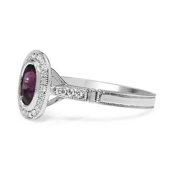 18ct White Gold Purple / Pink Sapphire and Diamond Halo Ring