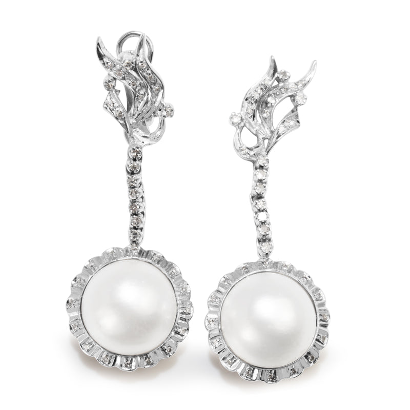 Palladium Vintage Mabe Pearl and Diamond Drop Earrings