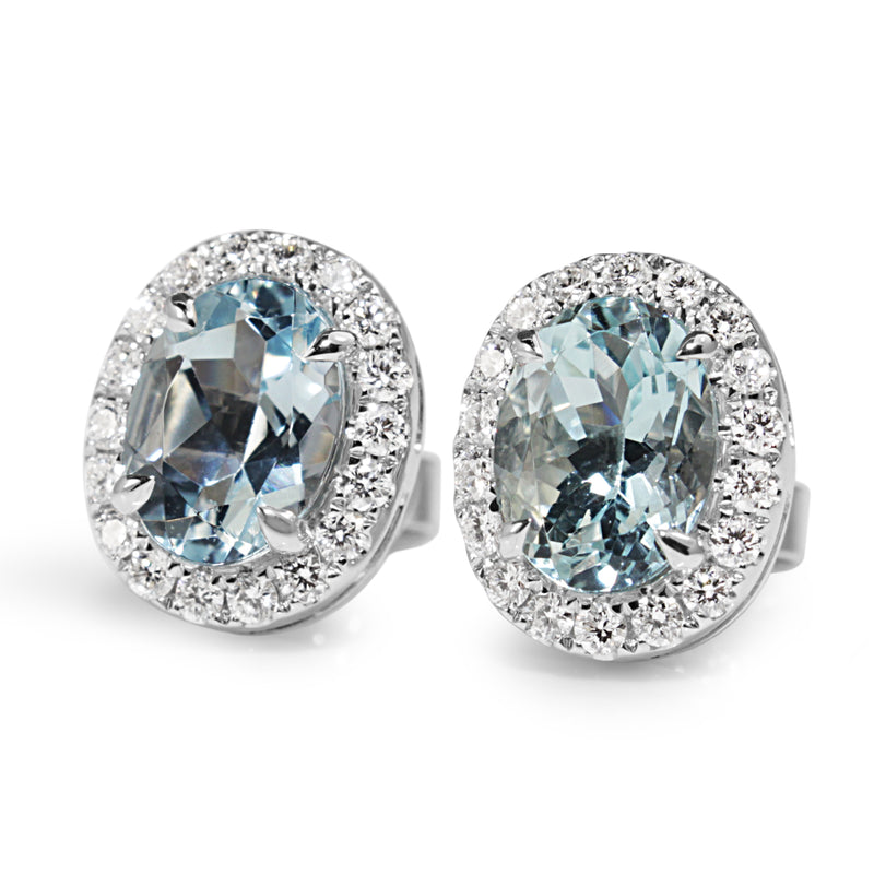 18ct White Gold Aquamarine and Diamond Oval Stud Earrings