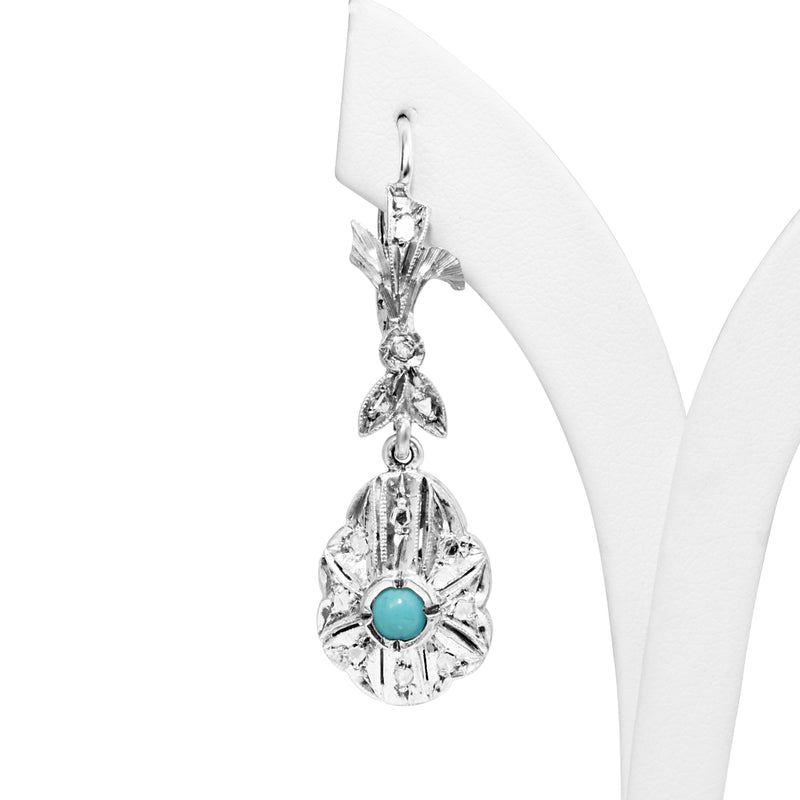 Palladium Art Deco Turquoise and Single Cut Diamond Earrings