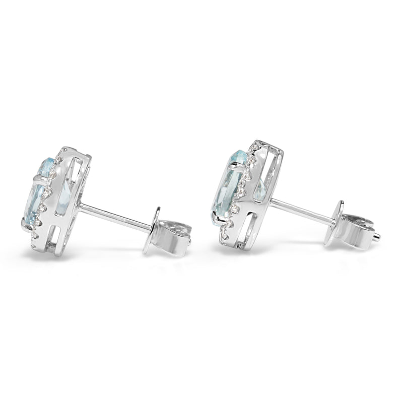 18ct White Gold Aquamarine and Diamond Oval Stud Earrings