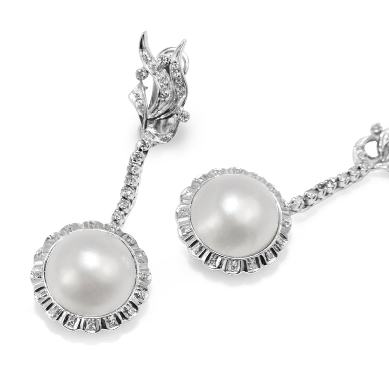 Palladium Vintage Mabe Pearl and Diamond Drop Earrings