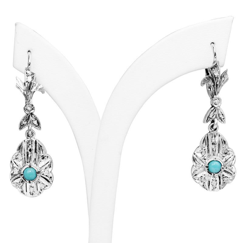 Palladium Art Deco Turquoise and Single Cut Diamond Earrings