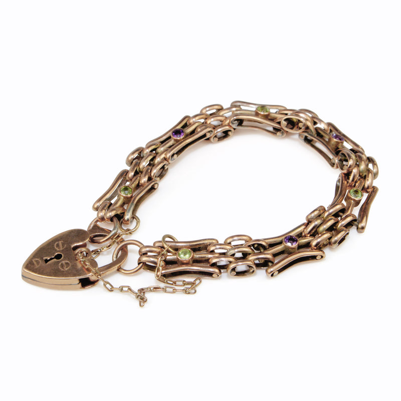 9ct Rose Gold Gate Link Bracelet with Amethyst and Peridot