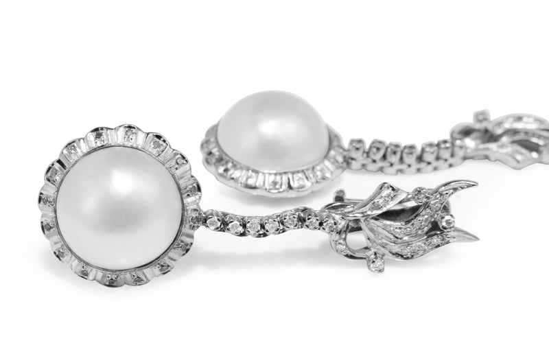 Palladium Vintage Mabe Pearl and Diamond Drop Earrings