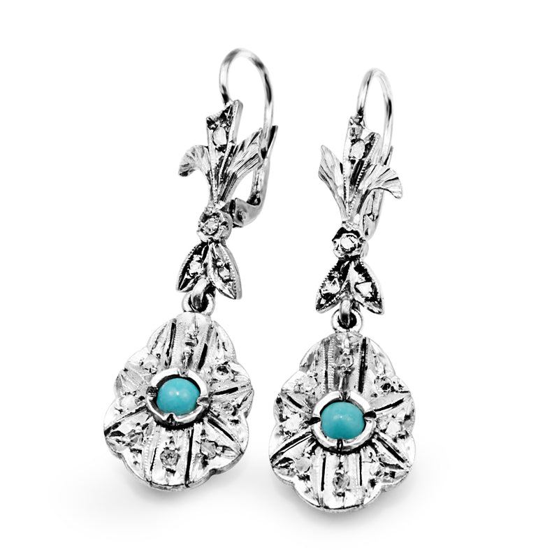 Palladium Art Deco Turquoise and Single Cut Diamond Earrings