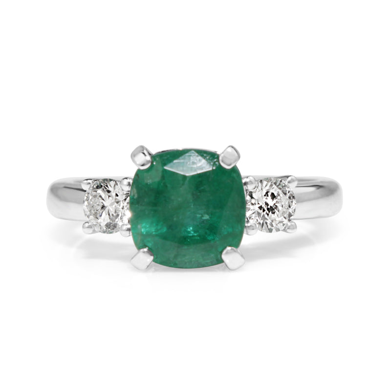 18ct White Gold Emerald and Diamond 3 Stone Diamond Ring