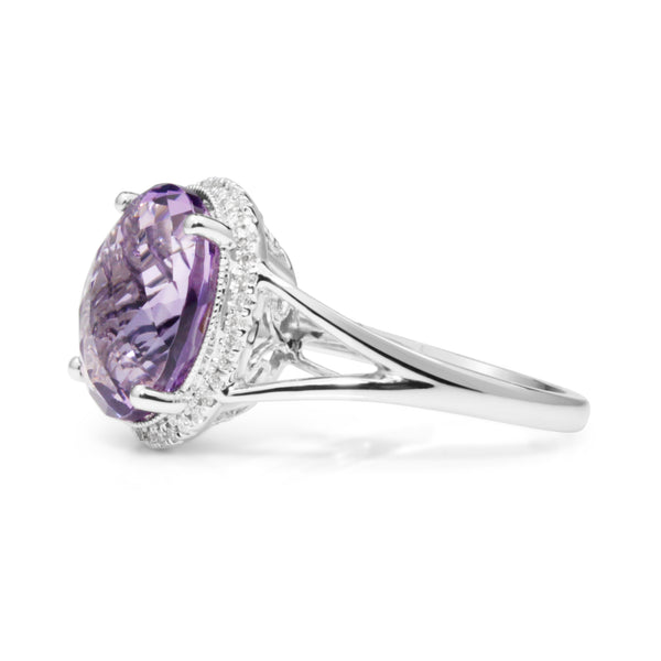 9ct White Gold Amethyst and Diamond Halo Ring