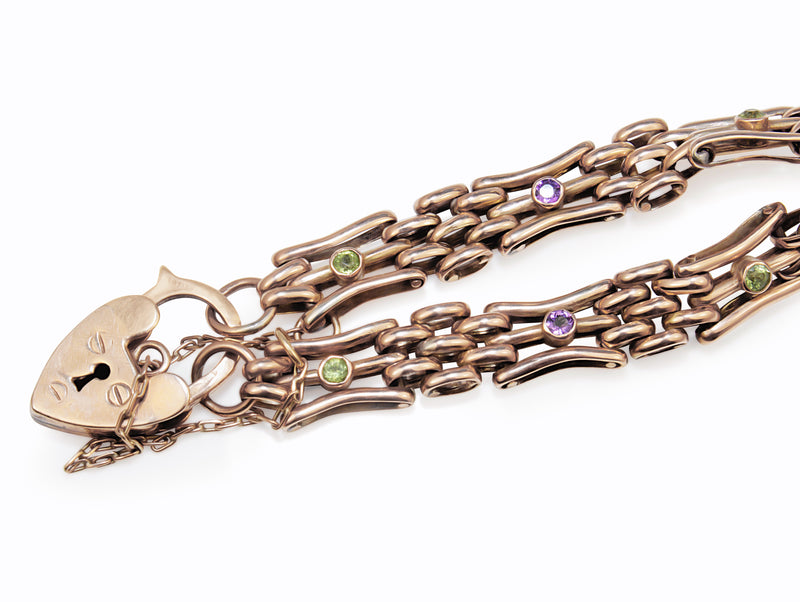 9ct Rose Gold Gate Link Bracelet with Amethyst and Peridot