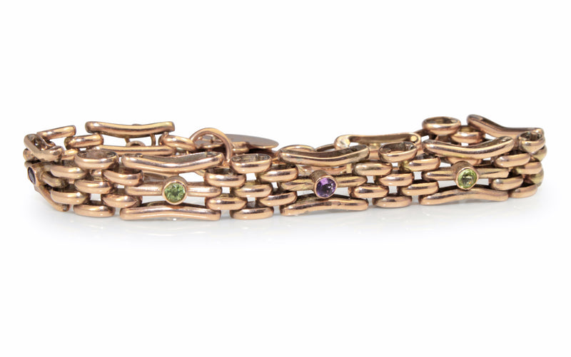 9ct Rose Gold Gate Link Bracelet with Amethyst and Peridot