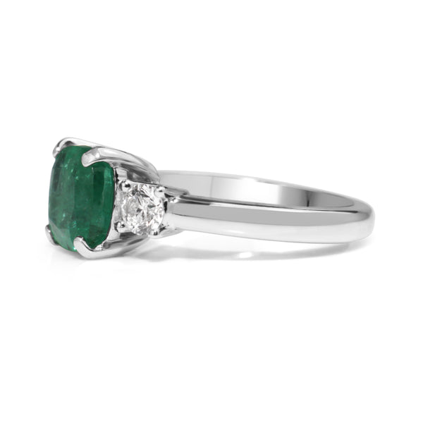 18ct White Gold Emerald and Diamond 3 Stone Diamond Ring