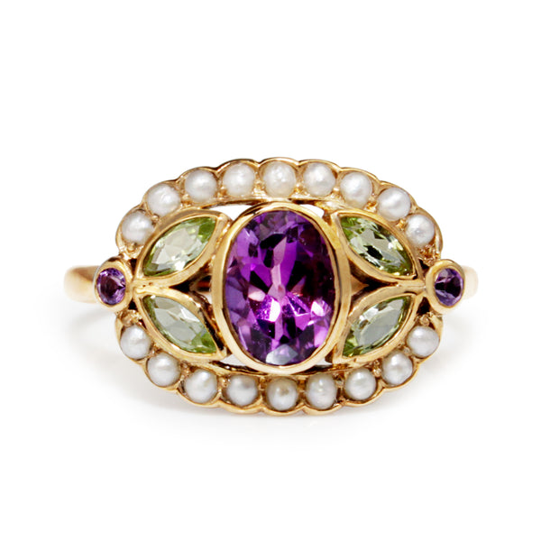 9ct Yellow Gold Suffragette Amethyst, Pearl and Peridot Ring