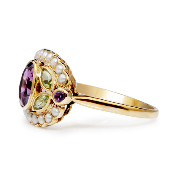 9ct Yellow Gold Suffragette Amethyst, Pearl and Peridot Ring