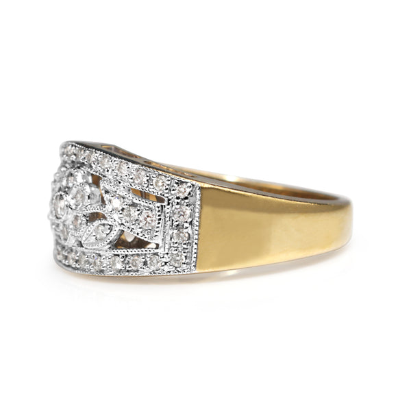 9ct Yellow and White Gold Floral Style Diamond Band Ring