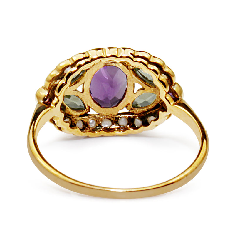 9ct Yellow Gold Suffragette Amethyst, Pearl and Peridot Ring