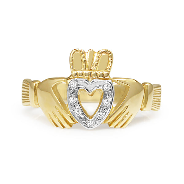 9ct Yellow and White Gold Diamond Claddagh Ring