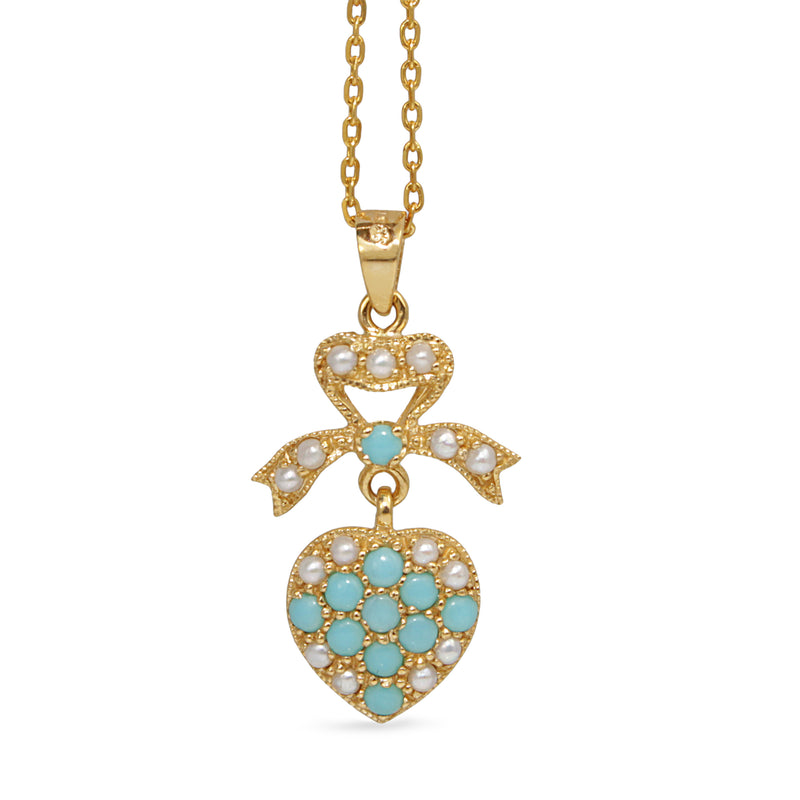 9ct Yellow Gold Victorian Style Turquoise and Pearl Pendant