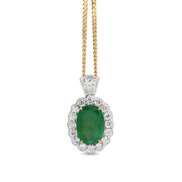 14ct Yellow and White Gold Emerald and Diamond Daisy Style Necklace