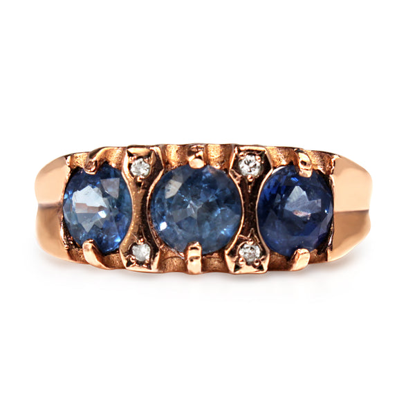 9ct Rose Gold Sapphire and Diamond 3 Stone Ring