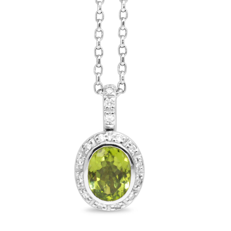 18ct White Gold Peridot and Diamond Halo Pendant