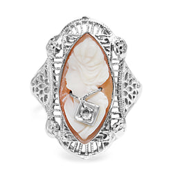 14ct White Gold Art Deco Cameo and Diamond Ring