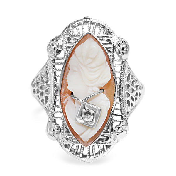14ct White Gold Art Deco Cameo and Diamond Ring