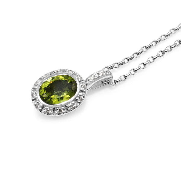 18ct White Gold Peridot and Diamond Halo Pendant