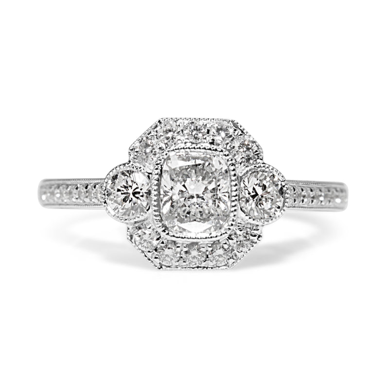 18ct White Gold Art Deco Style 3 Stone Cushion Diamond Halo Ring