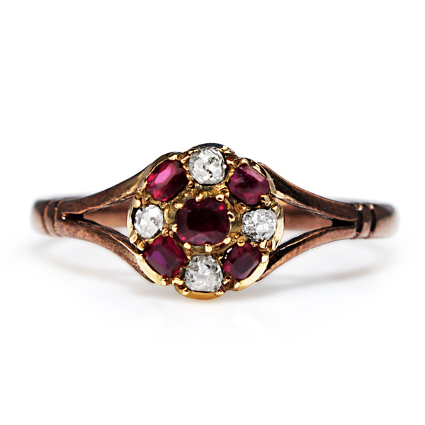 9ct Rose Gold Antique Ruby and Old Cut Diamond Cluster Ring