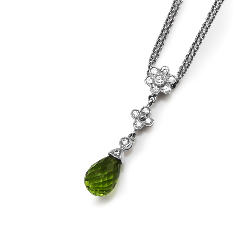 14ct White Gold Peridot and Diamond Drop Necklace